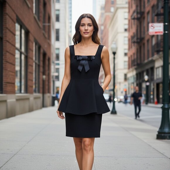 After Dark Sleeveless Retro Cocktail Dress Peplum Satin Bow Sz 7-8 Black #66A - Picture 1 of 9